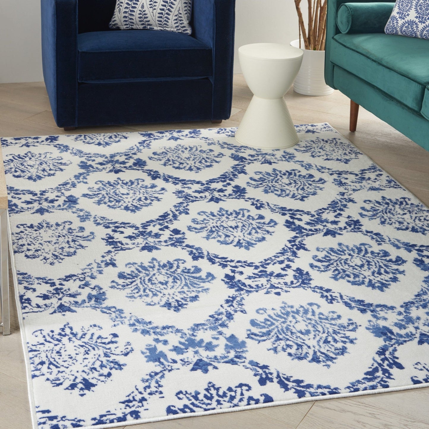 4’ X 6’ Blue And Ivory Damask Area Rug