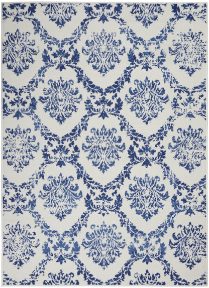 4’ X 6’ Blue And Ivory Damask Area Rug