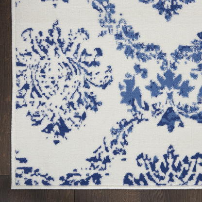 4’ X 6’ Blue And Ivory Damask Area Rug