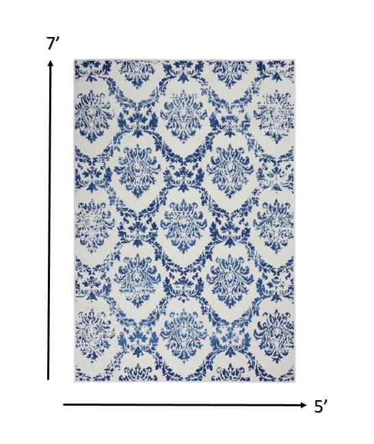 4’ X 6’ Blue And Ivory Damask Area Rug