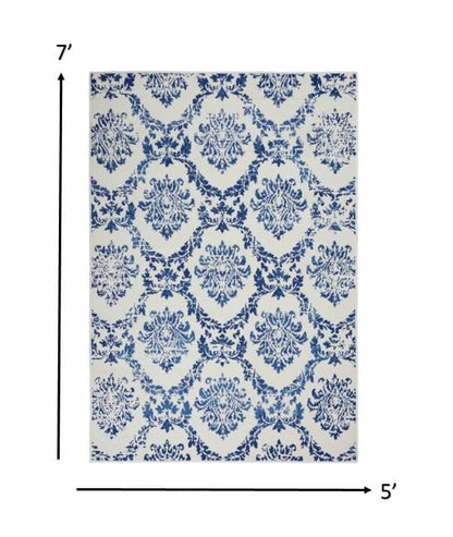 4’ X 6’ Blue And Ivory Damask Area Rug