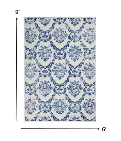 4’ X 6’ Blue And Ivory Damask Area Rug