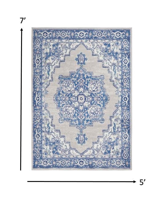 5’ X 7’ Gray And Blue Persian Medallion Area Rug