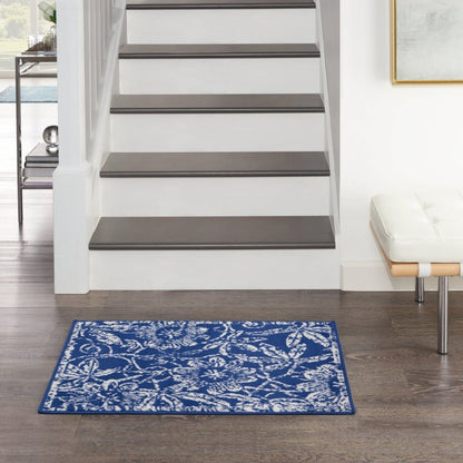 4’ X 6’ Navy And Ivory Floral Vines Area Rug