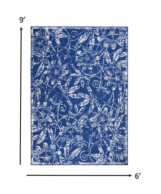 4’ X 6’ Navy And Ivory Floral Vines Area Rug