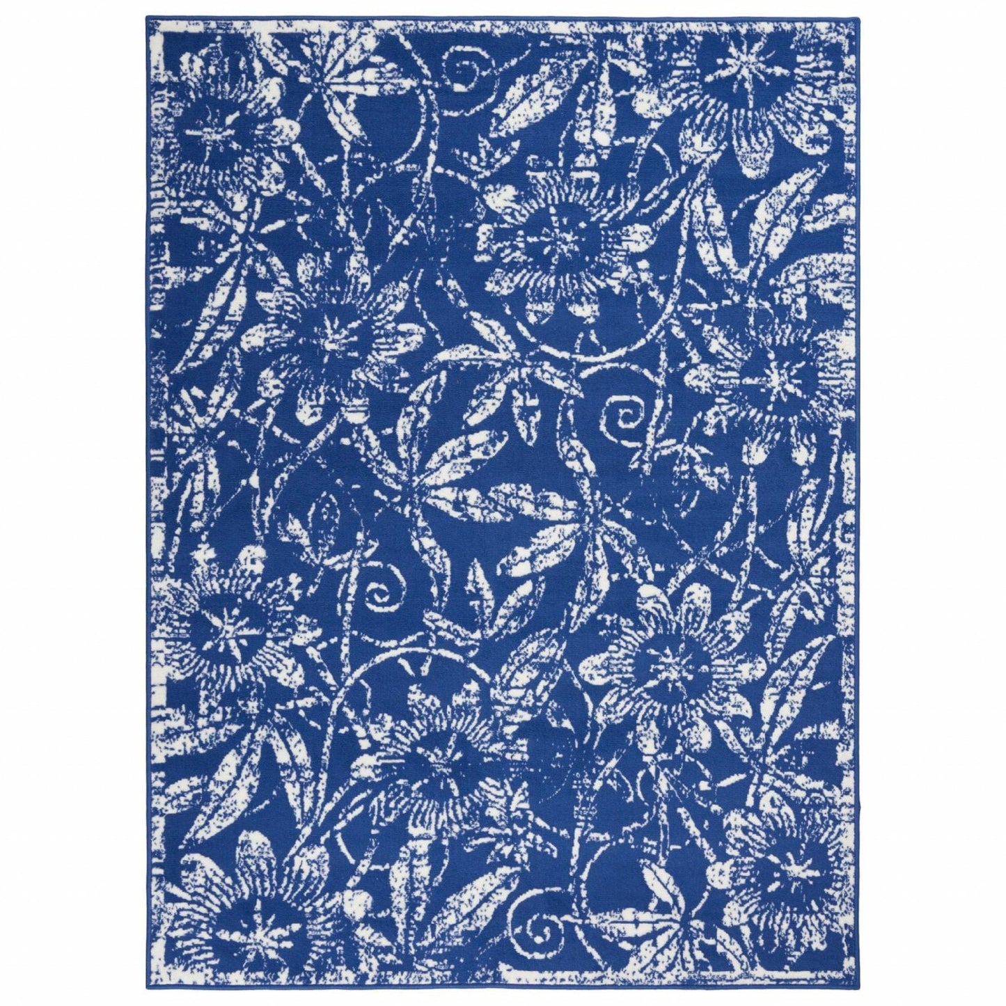 4’ X 6’ Navy And Ivory Floral Vines Area Rug