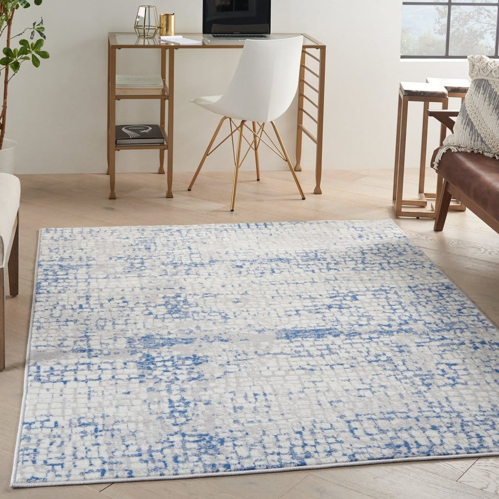 4’ X 6’ Gray And Blue Abstract Grids Area Rug