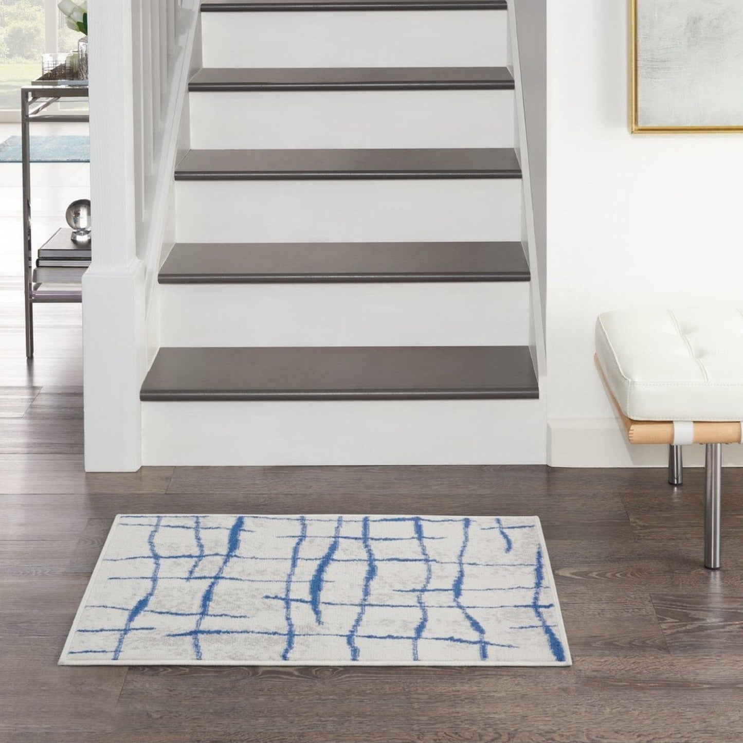 5’ X 7’ Ivory And Blue Irregular Grids Area Rug