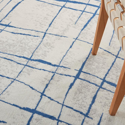 5’ X 7’ Ivory And Blue Irregular Grids Area Rug