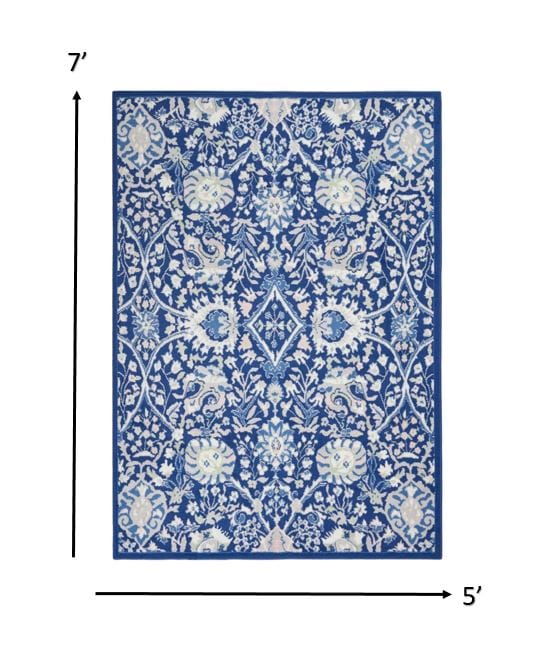 4’ X 6’ Navy And Ivory Intricate Floral Area Rug