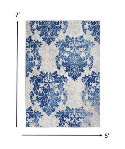 4’ X 6’ Ivory And Navy Damask Area Rug