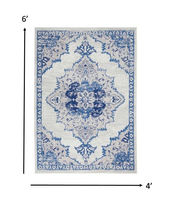 4’ X 6’ Ivory And Blue Medallion Area Rug