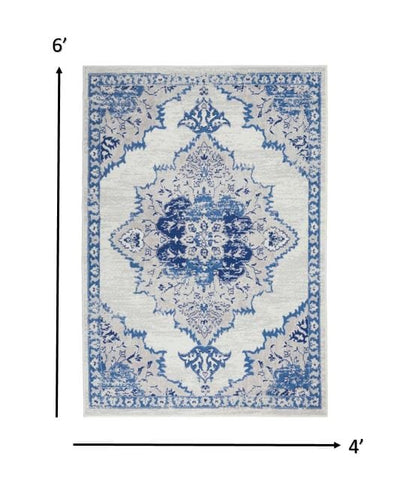4’ X 6’ Ivory And Blue Medallion Area Rug