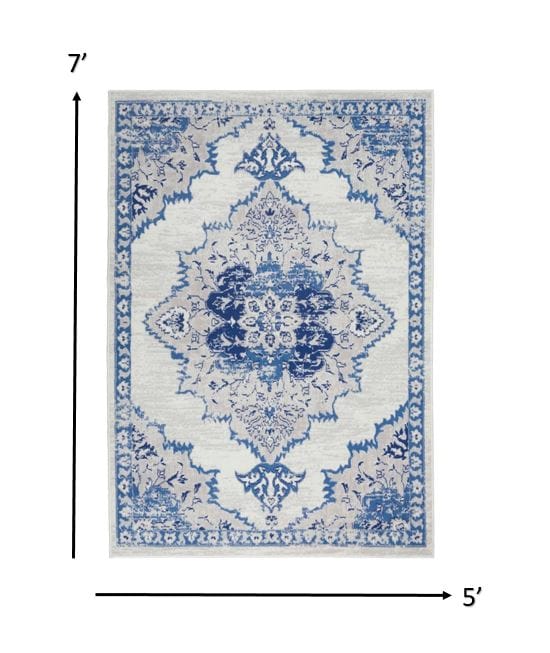 4’ X 6’ Ivory And Blue Medallion Area Rug