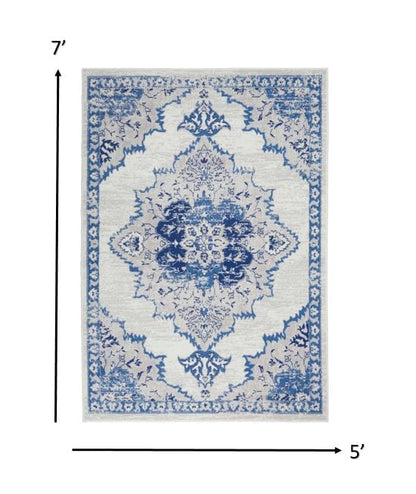4’ X 6’ Ivory And Blue Medallion Area Rug