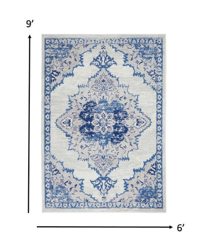 4’ X 6’ Ivory And Blue Medallion Area Rug
