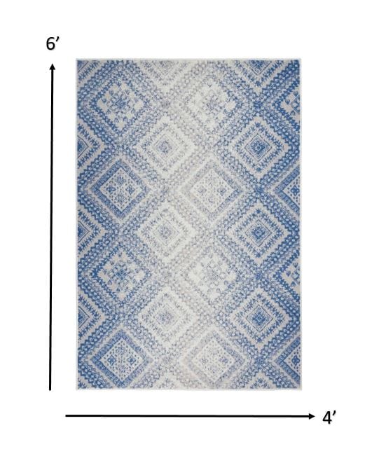 4’X6’ Ivory And Blue Lattice Area Rug
