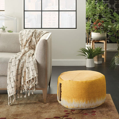 20"  Rustic Yellow Abstract Round Pouf Ottoman