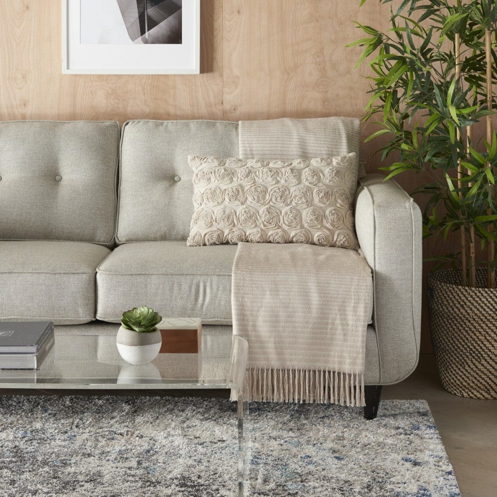 Off White Embossed Rose Lumbar Pillow