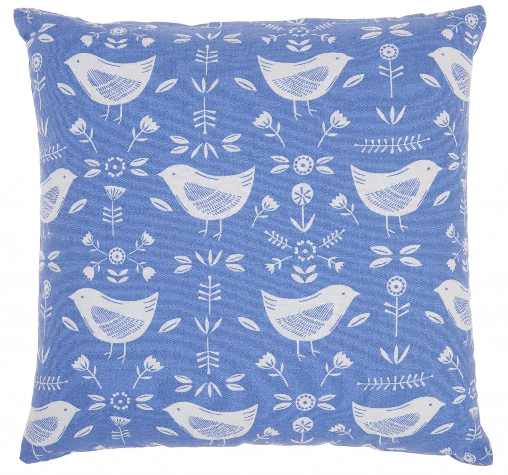 Blue And Ivory Birds And Buds Throw Pillow