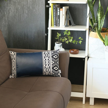 Rectangular Spruce Blue Faux Leather And Geometric Pattern Lumbar Pillow Cover