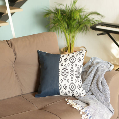 Bisected Eclectic Patterns And Spruce Blue Faux Leather Lumbar Pillow Cover