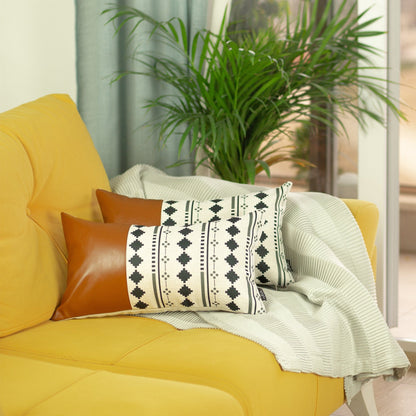 Set Of 2 Diamond Patterned And Brown Faux Leather Lumbar Pillow Covers