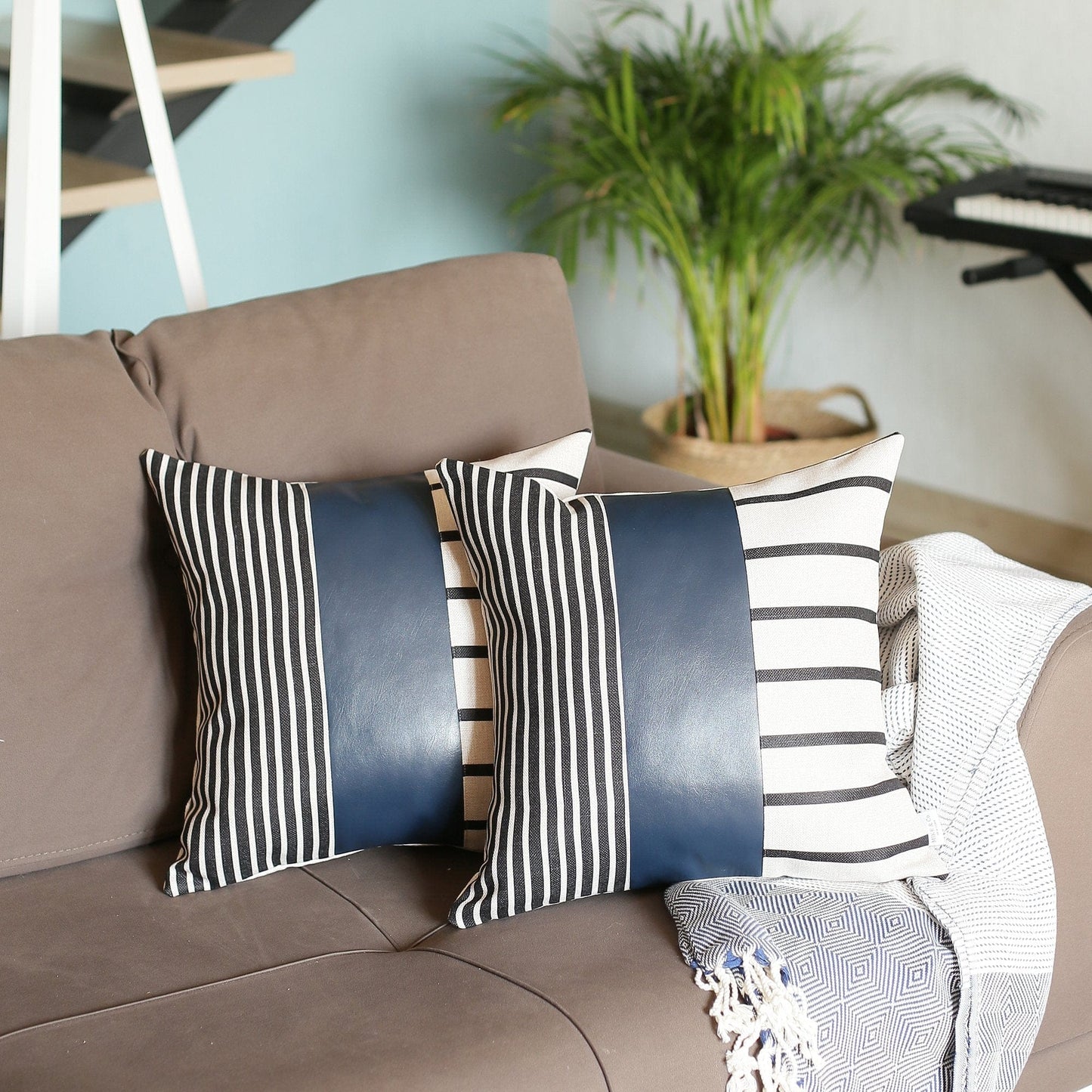 Set Of 2 Monochromic Stripe Ends And Spruce Blue Faux Leather Lumbar Pillow Covers