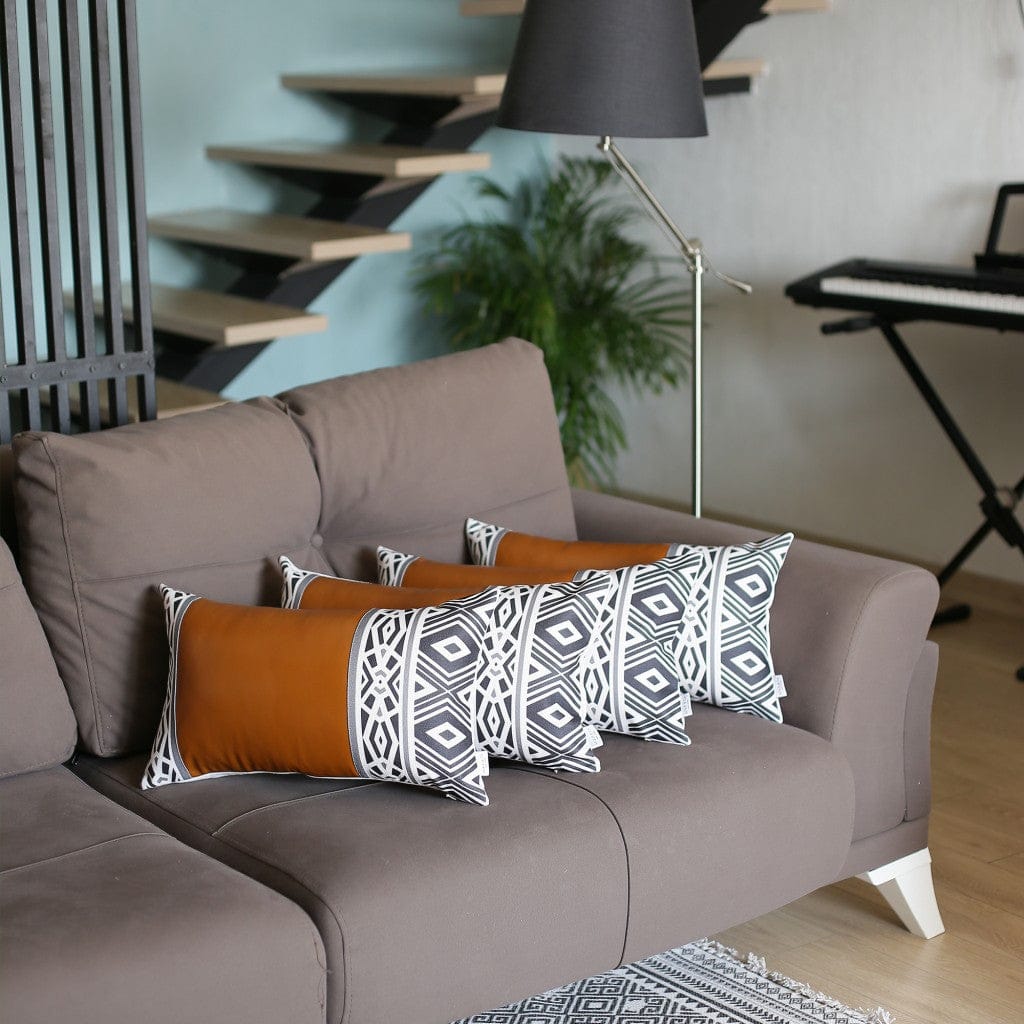 Set Of 4 Gray And White Geo With Faux Leather Lumbar Pillow Covers
