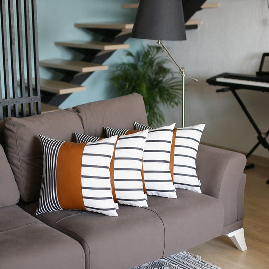 Set Of 4 Blue And White Stripes With Faux Leather Pillow Covers