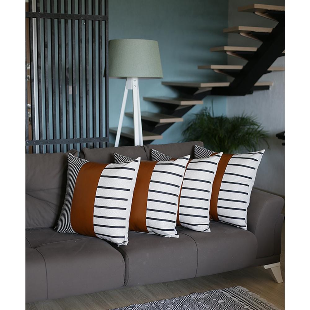 Set Of 4 Blue And White Stripes With Faux Leather Pillow Covers
