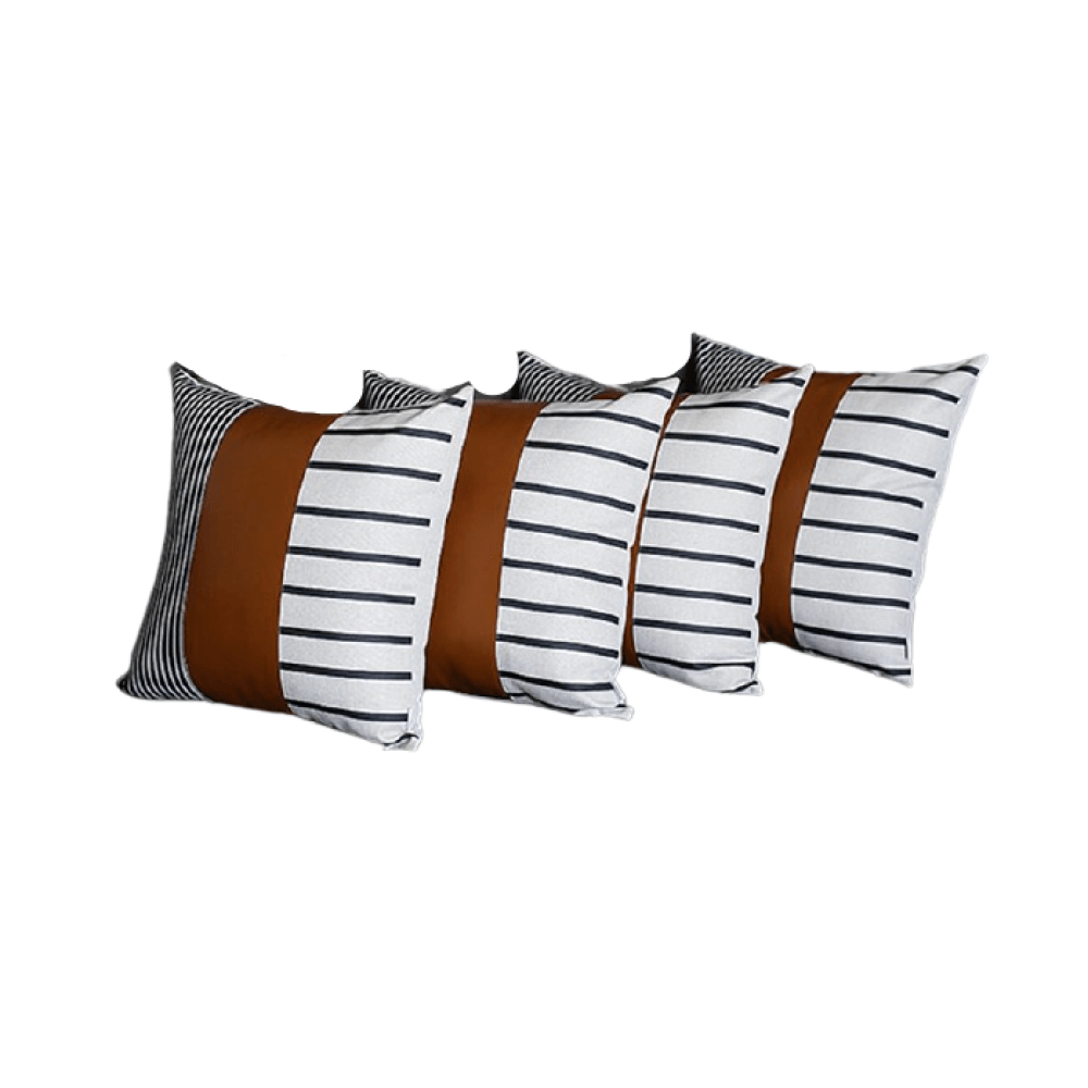 Set Of 4 Striped Ends And Brown Faux Leather Lumbar Pillow Covers