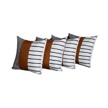 Set Of 4 Striped Ends And Brown Faux Leather Lumbar Pillow Covers