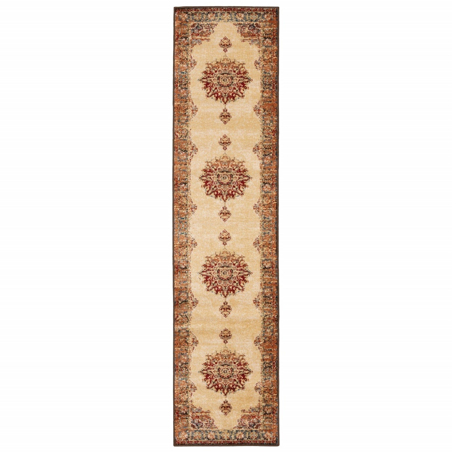 2’ X 8’ Gold And Orage Floral Medallionrunner Rug