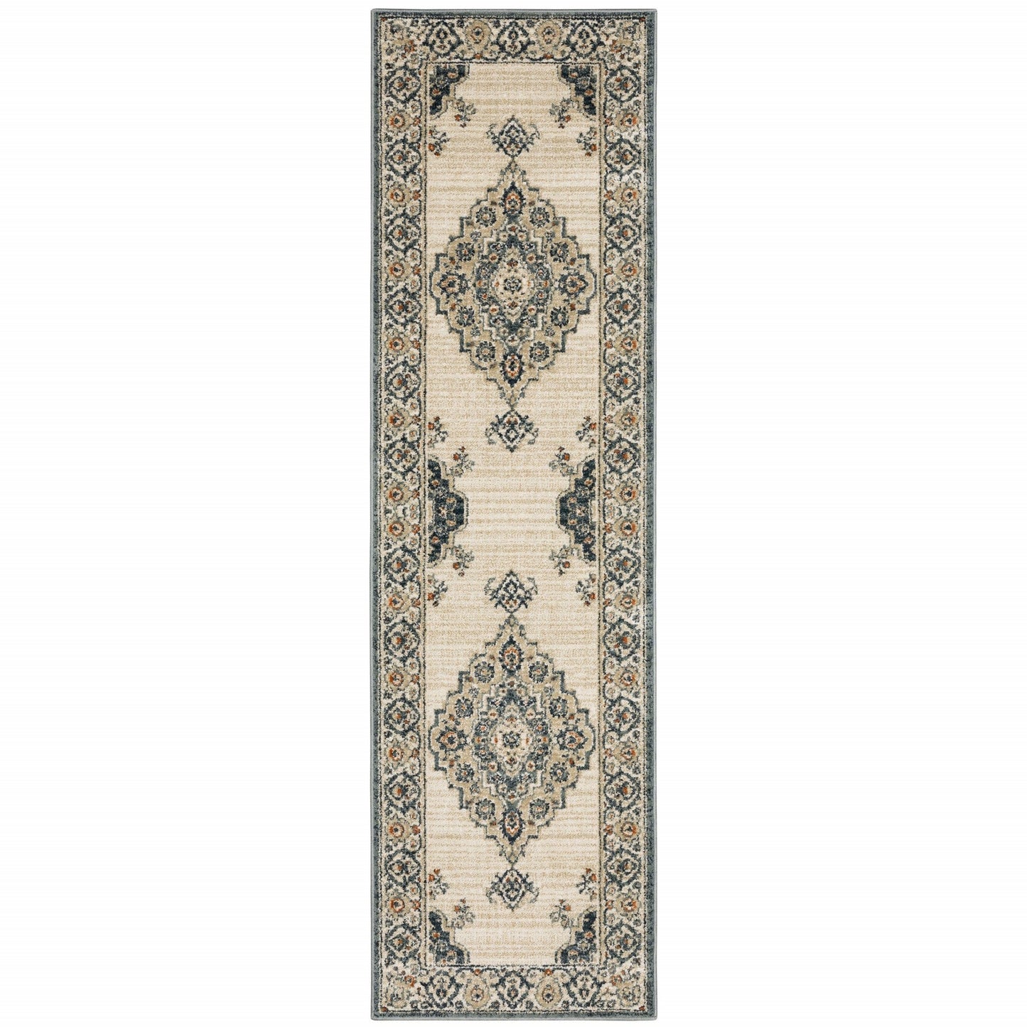 2’ X 7’ Vintage Beige And Blue Indoor Runner Rug