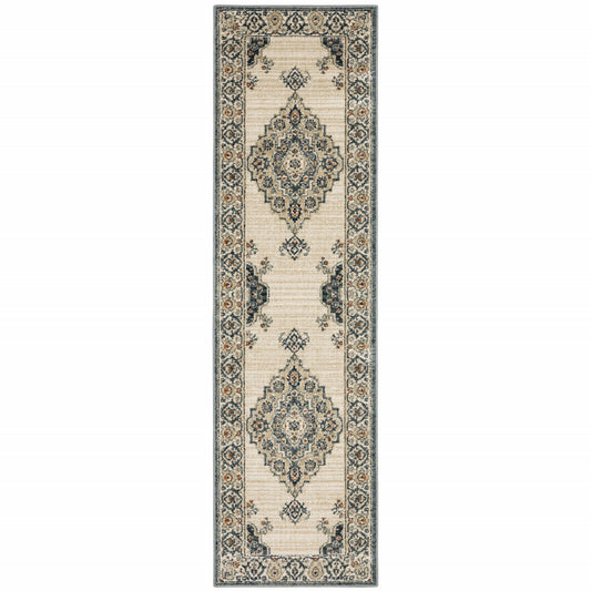 2’ X 7’ Vintage Beige And Blue Indoor Runner Rug