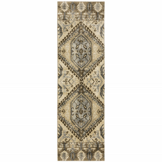2’ X 8’ Tan And Gold Central Medallion Indoor Runner Rug