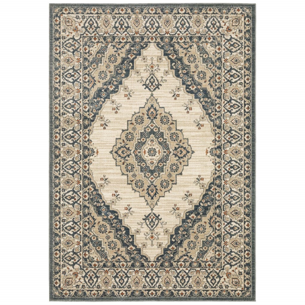 2’ X 7’ Vintage Beige And Blue Indoor Runner Rug