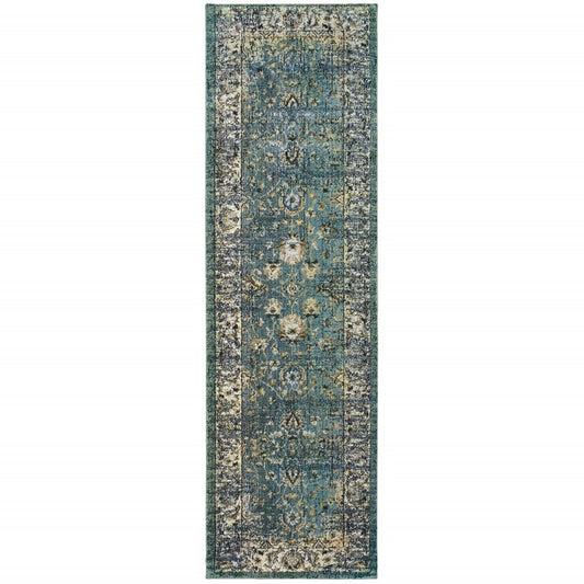 2’ X 8’ Peacock Blue And Ivory Indoor Runner Rug