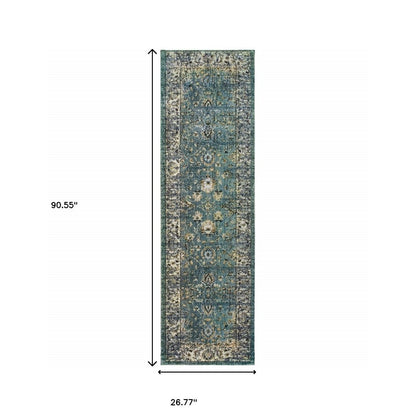 2’ X 8’ Peacock Blue And Ivory Indoor Runner Rug