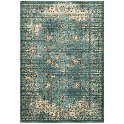 2’ X 8’ Peacock Blue And Ivory Indoor Runner Rug