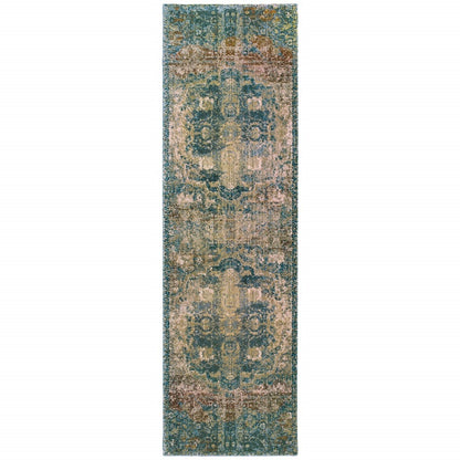 2’ X 8’ Sand And Blue Distressed Indoor Runner Rug