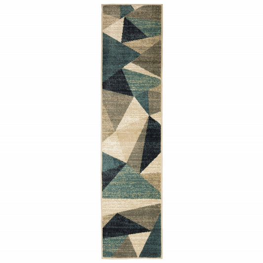 2’ X 8’ Gray And Teal Geometrics Indoor Runner Rug