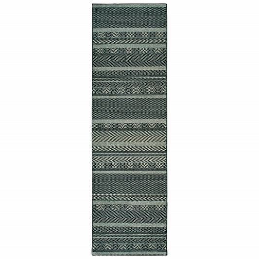 8' Black Ivory Machine Woven Geometric Indoor Runner Rug