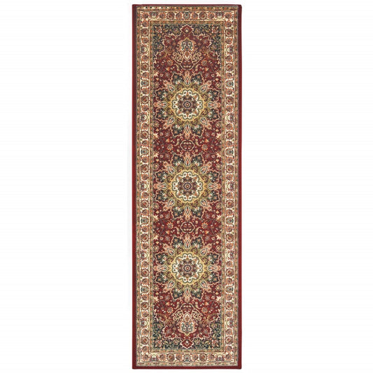 8' Red Ivory Machine Woven Oriental Indoor Runner Rug