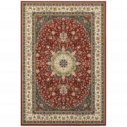 3' X 6' Red Ivory Machine Woven Oriental Indoor Area Rug
