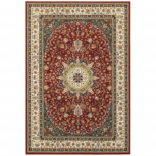 9' X 12' Red Ivory Machine Woven Oriental Indoor Area Rug