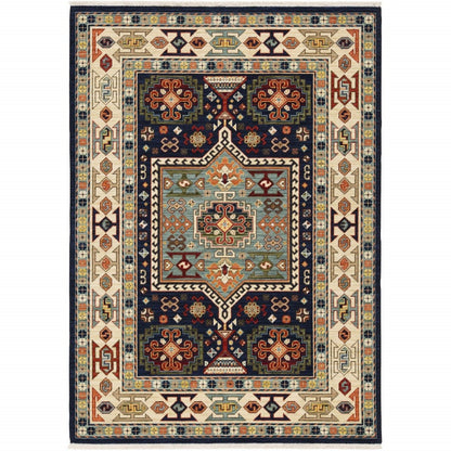 2' X 3' Blue Ivory Machine Woven Medallion Indoor Area Rug