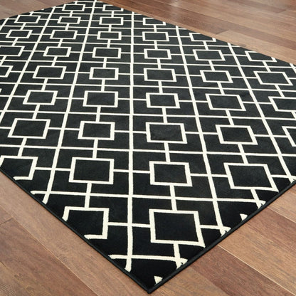 8' Black Ivory Machine Woven Geometric Diamonds Indoor Runner Rug