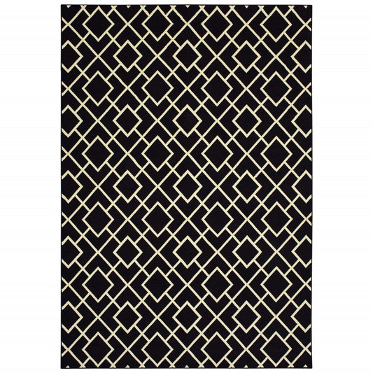 8' Black Ivory Machine Woven Geometric Diamonds Indoor Runner Rug